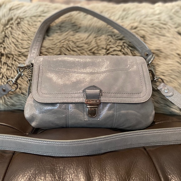 Shimmery Coach Poppy Gray Layla Silver Flap Bag - Picture 1 of 12